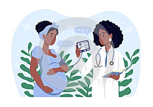 Doctor measuring blood pressure of her pregnant patient. Preeclampsia awareness month. Vector illustration.