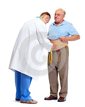 Doctor measuring obese man body fat.