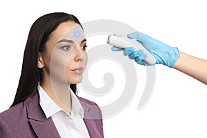 Doctor measuring woman`s temperature on white background, closeup. Prevent spreading of Covid-19