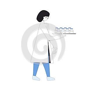 Doctor,medic. Female character wearing in uniform standing with vaccines isolated on a white background. Medical staff. Nurse.