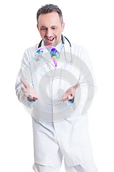 Doctor or medic playing with big soap bubble