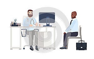 Doctor or medical adviser sitting at desk with computer and giving consultation to male patient. Man at physician s