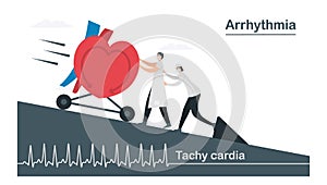 Doctor and medical assistant push heart that flows down quickly. This heart disease called tachycardia arrhythmia. Periodic signal