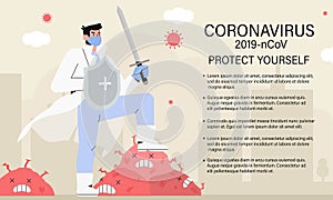 Doctor or medical health care professional with sword and shield fighting coronavirus pandemic or coronavirus outbreake 2019 COVID