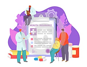 Doctor with medical health insurance, care about family protection vector illustration. Woman man patient character use