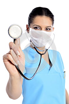Doctor in a medical mask; corona. protection. Sterile equipment for the medical and beauty in