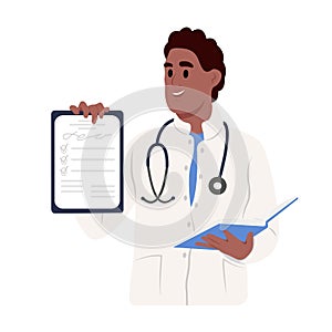 Doctor with medical records, paper prescriptions on clipboard, examination reports, health certificates. Vector