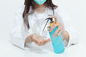 Doctor and medical staff washing hand by hand sanitizer alcohol gel for cleaning, hygiene and disinfection, prevent of spreading