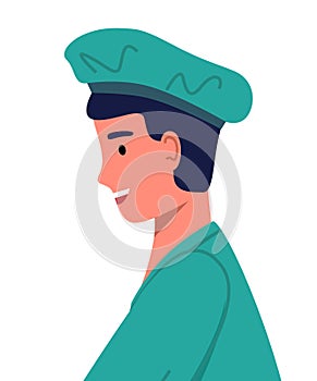 Doctor in medical uniform green cap and suit. Vector lllustration young handsome intern side view