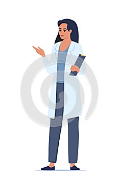 Doctor in medical uniform pointing and showing something with hand. Medicine worker woman explaining and presenting something.