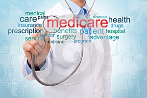 Doctor with medicare word cloud. photo