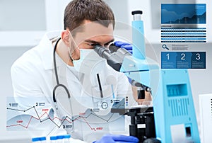 Doctor with microscope in clinical laboratory