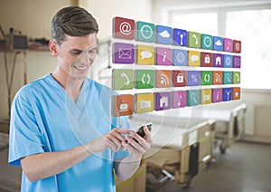 Doctor on mobile phone with apps icons in hospital room