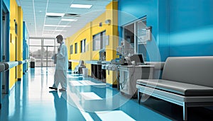 Doctor in a modern hospital corridor