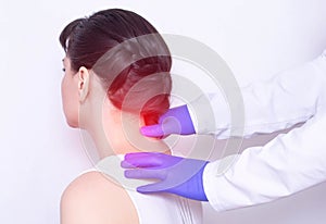 Doctor neurologist examines the patient`s sore neck on a pinched nerve and protrusion of the spine, medical