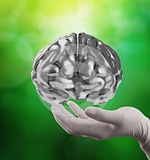 Doctor neurologist hand show metal brain