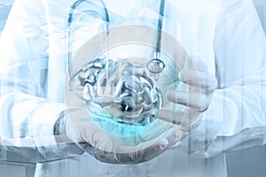 Doctor neurologist hand show metal brain