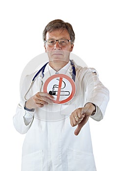 Doctor with non smoking sign holds thumb down