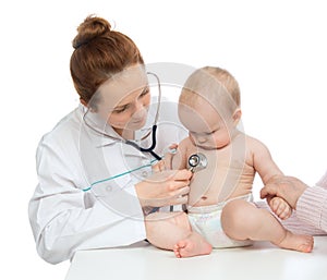 Doctor or nurse auscultating child baby patient heart with stethoscope