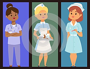 Doctor nurse character vector brochure medical woman staff flat design hospital team people doctorate illustration. photo