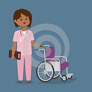 Doctor nurse character vector medical woman staff with disable wheel chair flat design hospital team people doctorate