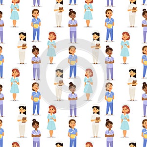 Doctor nurse character vector medical woman staff flat design hospital team people doctorate seamless pattern bakground