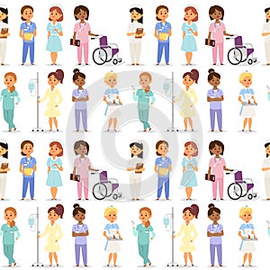 Doctor nurse character vector medical woman staff flat design hospital team people doctorate seamless pattern bakground