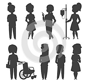 Doctor nurse character vector silhouette medical woman staff flat design hospital team people doctorate illustration.