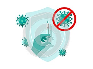 Doctor or nurse hand in green gloves hold coronavirus infection vaccince syringe on shield. COVID-19 disease vaccination