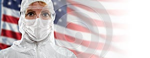 Doctor or Nurse In Hazmat Medical Personal Protective Equipment PPE Against The American Flag Banner