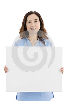 Doctor or nurse holding a blank billboard for advertisement