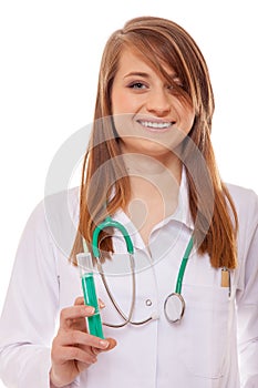 Doctor or nurse holds a syringe, healthcare concep