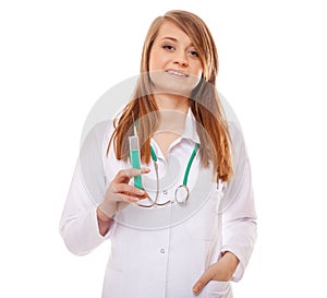 Doctor or nurse holds a syringe, healthcare concept