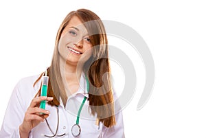 Doctor or nurse holds a syringe, healthcare concept