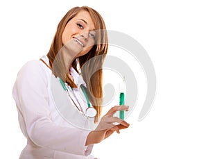 Doctor or nurse holds a syringe, healthcare concept