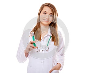 Doctor or nurse holds a syringe, healthcare concept