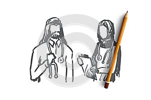 Doctor, nurse, Islam, medicine, clinic concept. Hand drawn isolated vector.