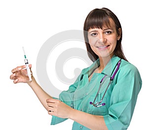 Doctor or nurse in lab coat holding syringe. Isolated over white.