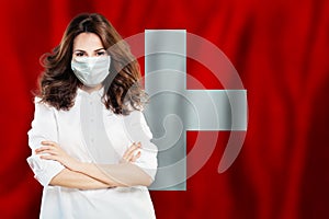 Doctor or nurse in medical safety face mask on Swiss flag background. Flu epidemic and protection in Switzerland concept