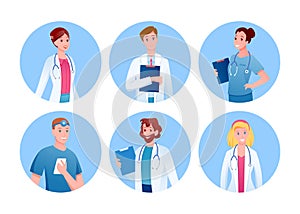 Doctor and nurse medicine characters round avatars set