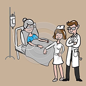 Doctor nurse and old woman patient cartoon drawing