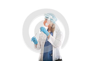 Doctor nurse or pathologist holding a nose throat swab for COVID-19  or flu virus