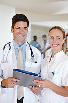 Doctor, nurse and portrait for teamwork on report, charts and feedback on patient results in hospital. Clinic, employees