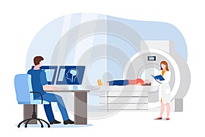 Doctor and nurse prepare for magnetic resonance imaging scan of patient. Vector illustration. MRI medical diagnostic