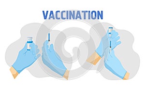 Doctor, nurse, scientist, researcher hand in blue gloves. Vaccination shot, medicine and drug concept. Vaccination