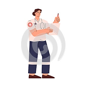 Doctor or nurse in uniform with stethoscope and notes sheet, flat vector illustration isolated on white background.