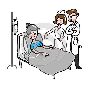 Doctor and nurse visit old woman patient cartoon