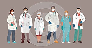 Doctor and Nurse wearing Face Mask and Medical Gloves. Medical people profession modern vector flat illustration. Doctor