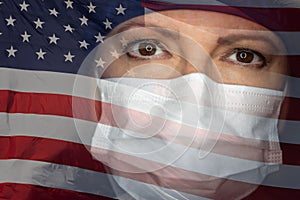 Doctor or Nurse Wearing Medical Face Mask and Scrubs with Ghosted American Flag