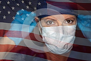 Doctor or Nurse Wearing Medical Face Mask and Scrubs with Ghosted American Flag